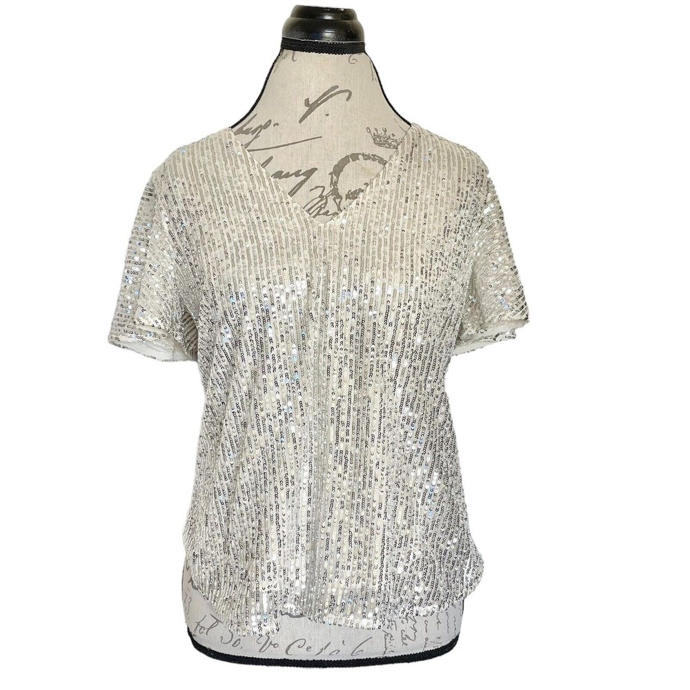 Loft Blouse Blouse Size XS Sequin Sparkle Holiday Party Festival Short Sleeve